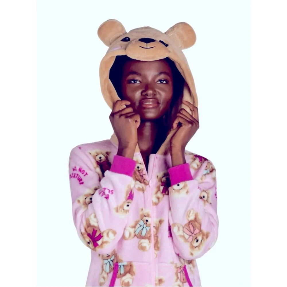 Pink Bear Print Hoodie Pajama Top (XL) - (16/18)